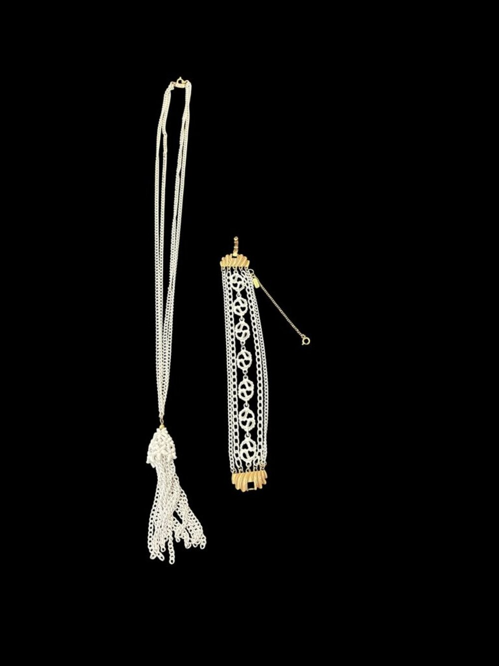 Vintage Monet White Enamel Tassel Necklace and Bracelet